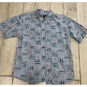Woolrich Fish‎ Print Short Sleeve Button-up Shirt Size Large L